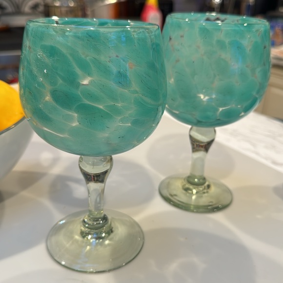 Vintage Art Hand Blown Glass Elegant TealTurquoise Water & Wine Goblet (set 2)